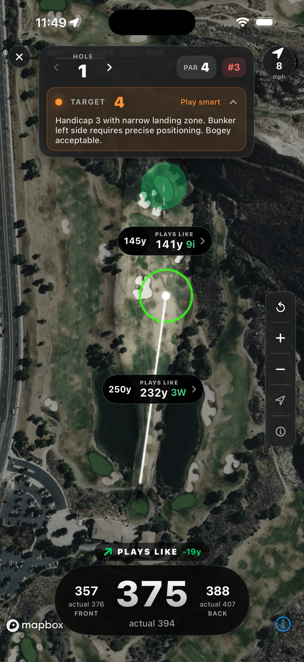 Satellite GPS hole map of a par 4 during a round. The header strip shows HOLE 1, PAR 4, a stroke-index chip marked 3, and a wind dial reading 8 mph. An orange banner beneath it reads TARGET 4, Play smart, with a note about a narrow landing zone and a bunker on the left where bogey is acceptable. A ring on the fairway marks the landing zone at 250 yards, plays like 232 with a 3-wood, and the green ahead is marked 145 yards, plays like 141 with a 9-iron. The bottom bar shows front 357, middle 375 and back 388 yards.
