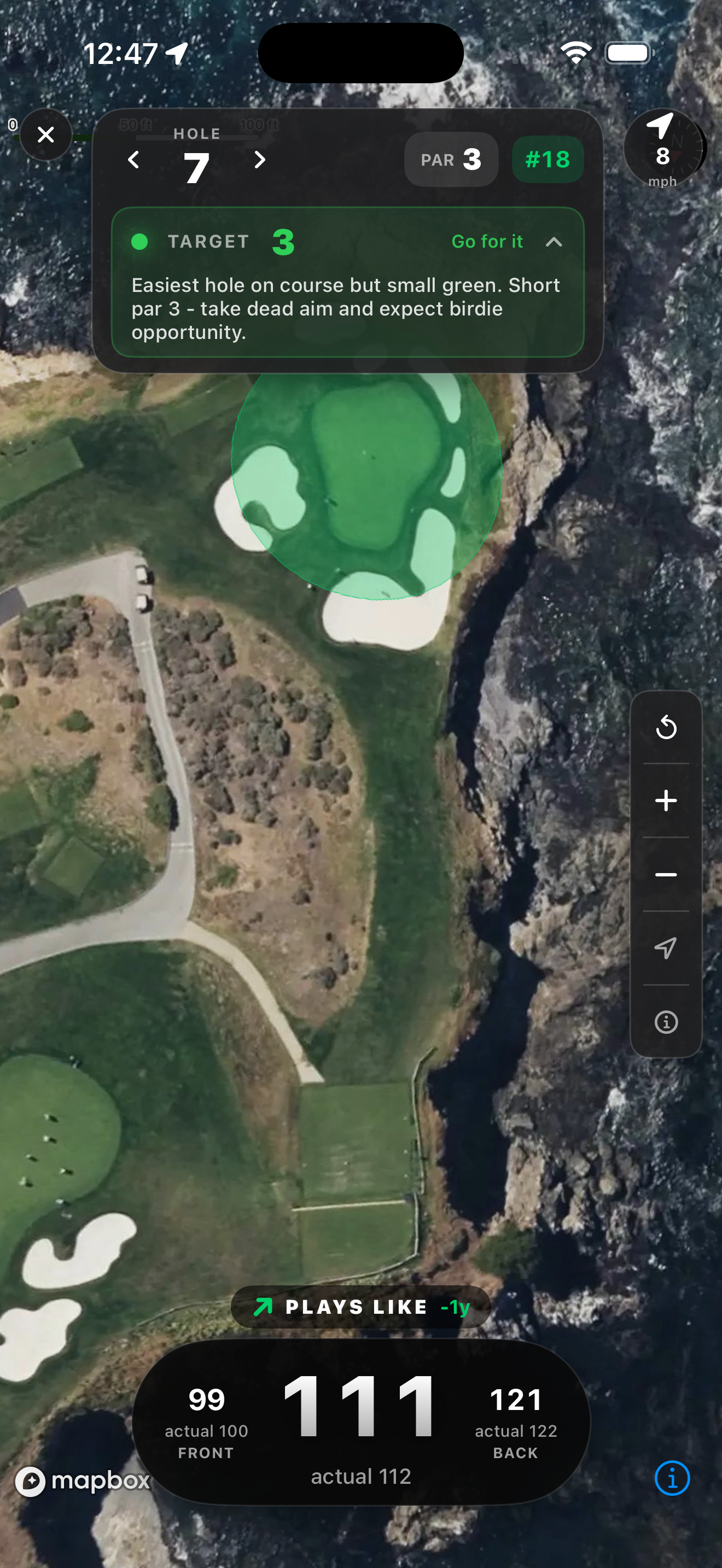 ParPath during a round: a satellite view of hole 7, a par 3, with a Break X target score of 3, playing 111 yards to the middle of the green, 99 to the front and 121 to the back.