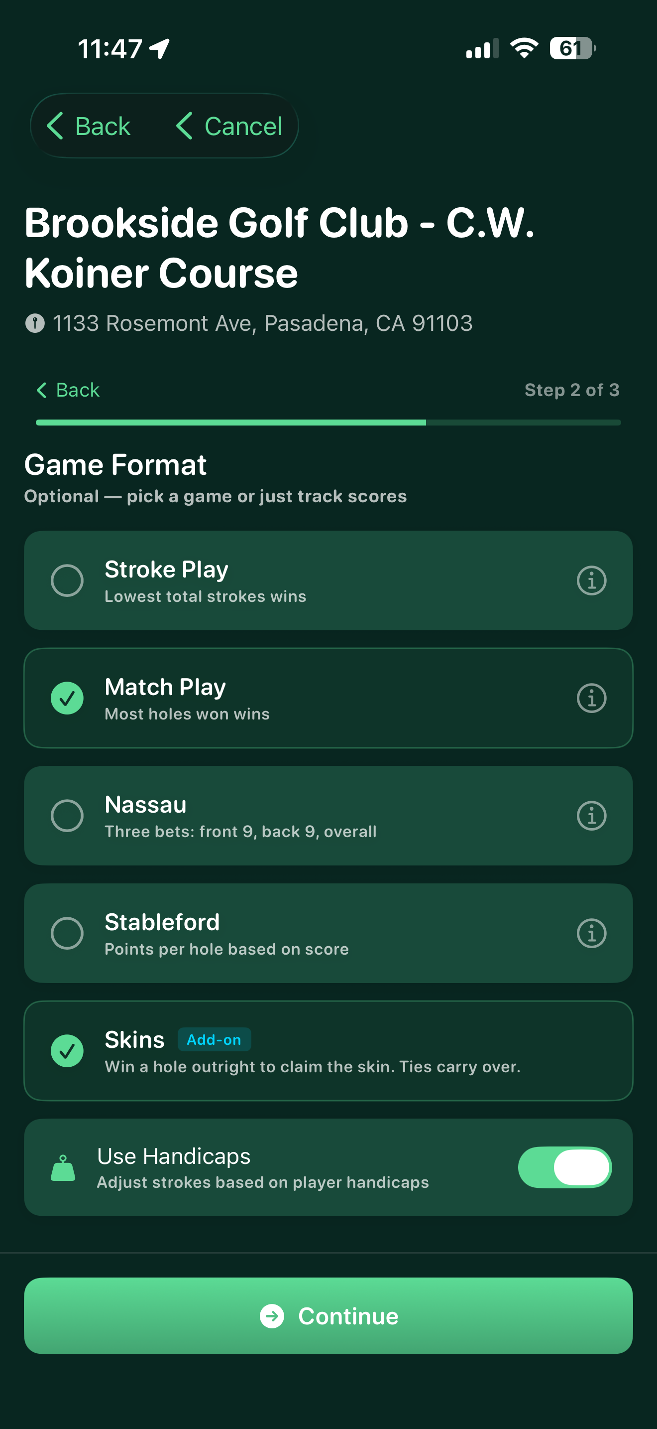Game format setup with Match Play, Skins, Nassau, and Stableford