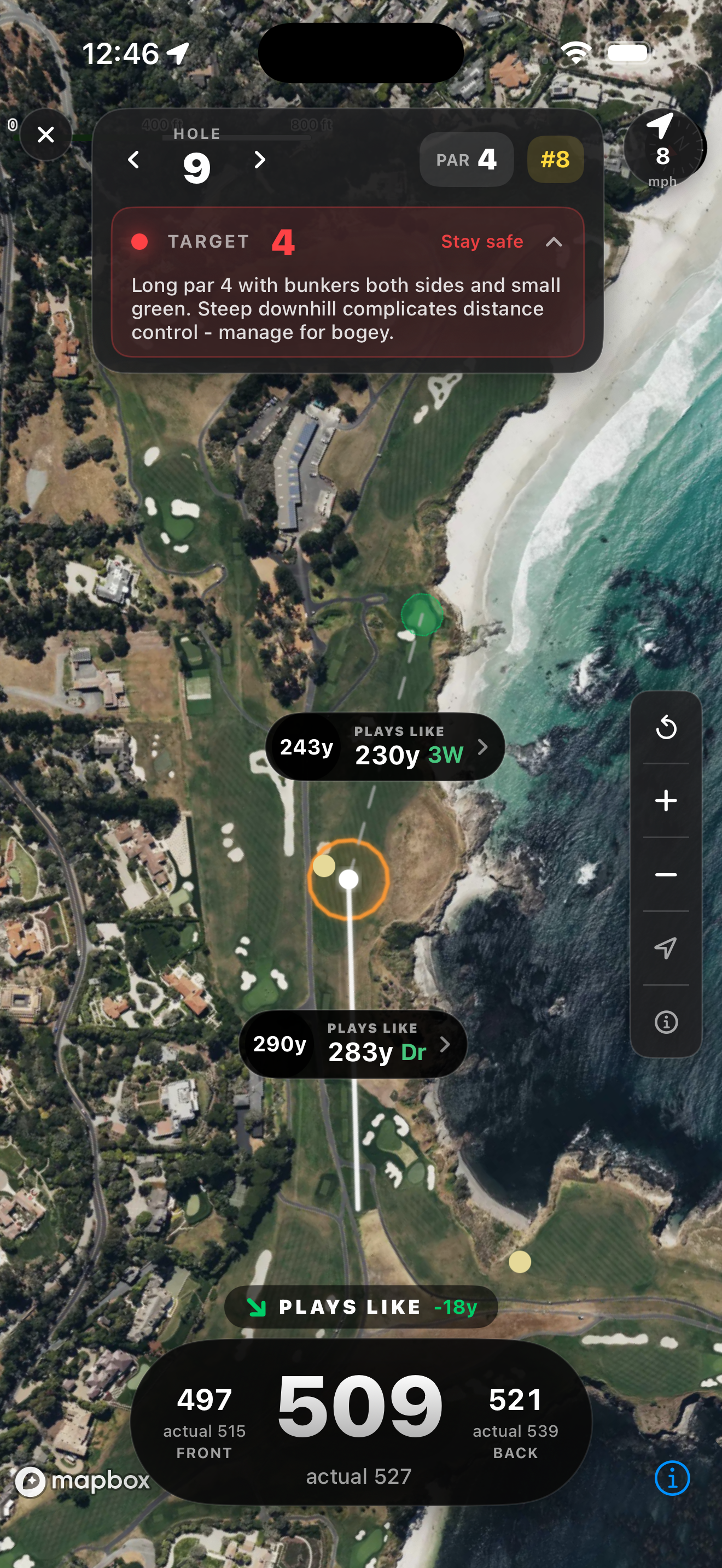 GPS hole map with a red survive target and plays-like yardages