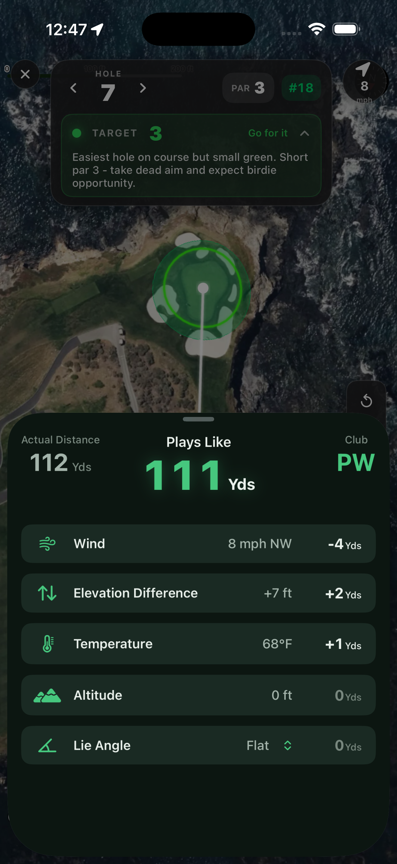 Plays-like distance breakdown: 112 yards playing 111, adjusted for wind, elevation, temperature, altitude and lie