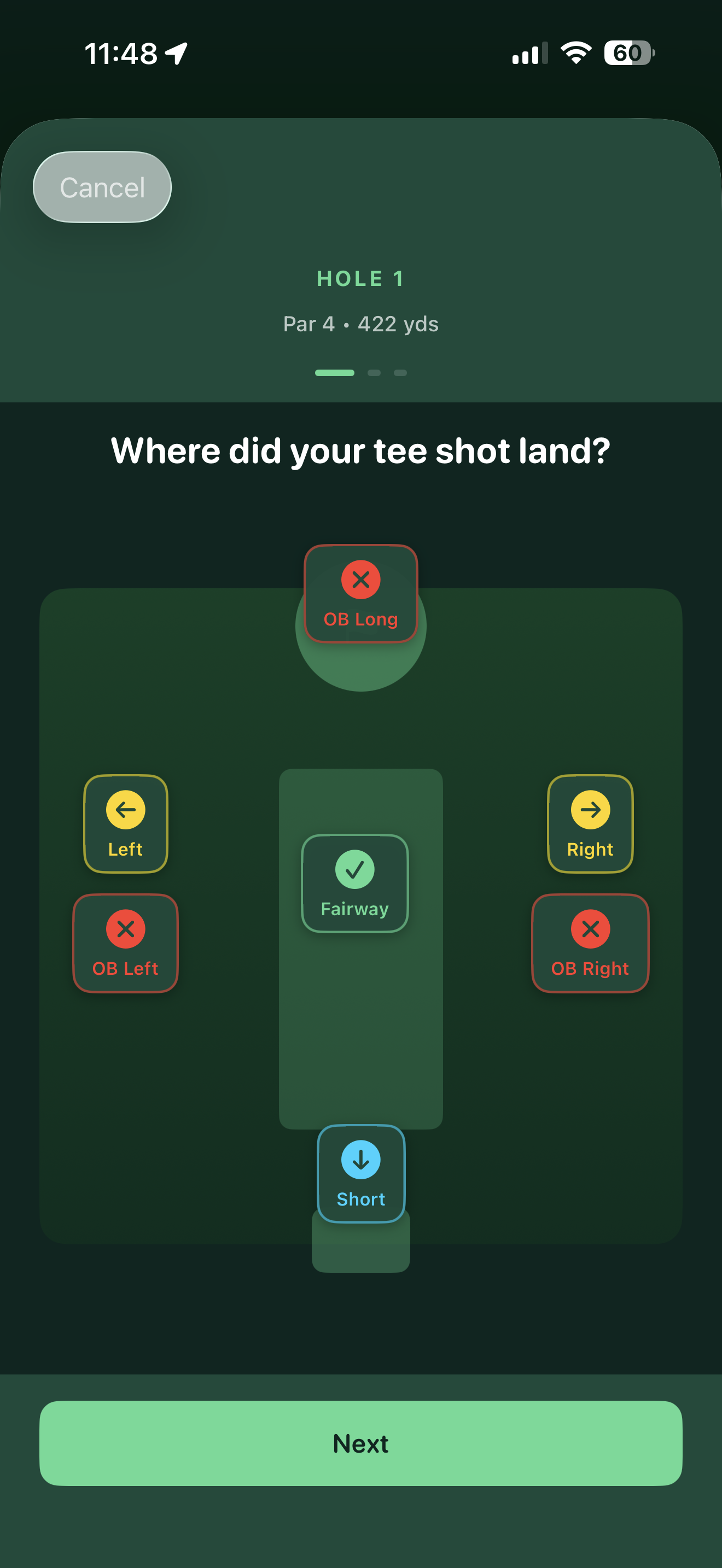 Post-hole prompt on a par 4 asking where your tee shot landed, showing a top-down fairway diagram with a green Fairway target in the middle, yellow Left and Right options either side, red OB Left, OB Right and OB Long options, and a blue Short option below.